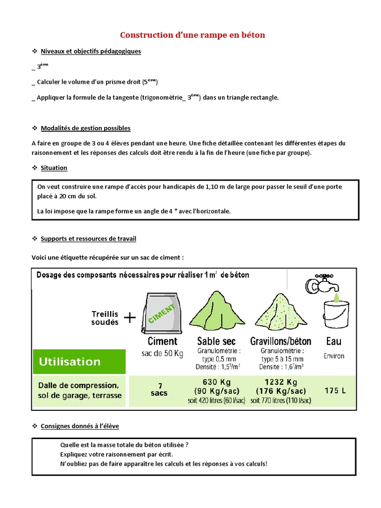 Construction Rampe Beton 3eme Fonction Trigonometrique Triangle