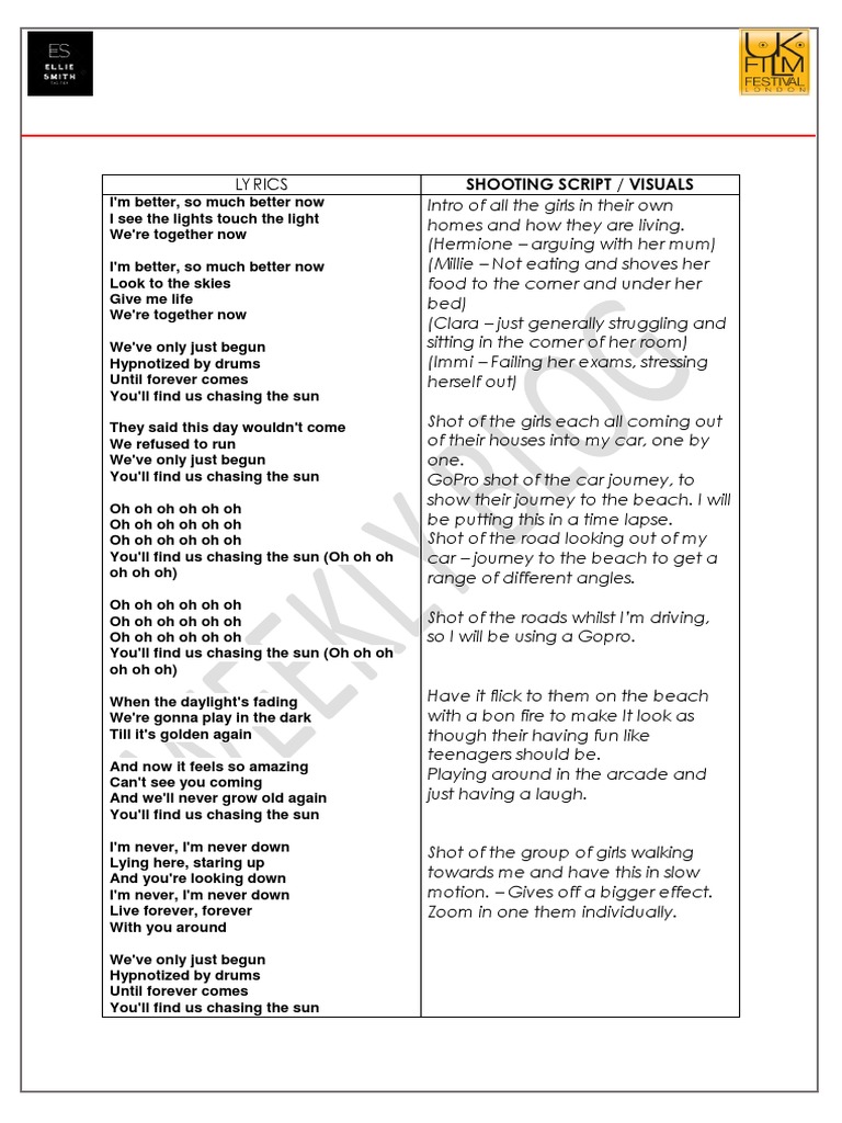 Lyrics: Shooting Script / Visuals | PDF | Leisure