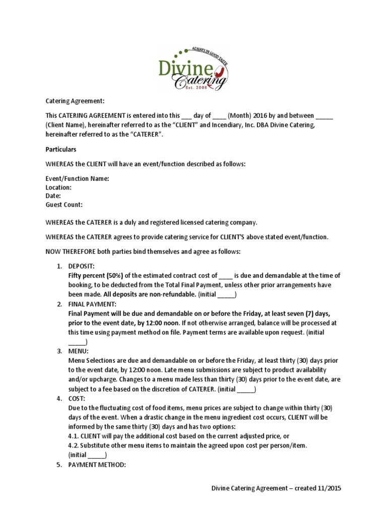 Catering Agreement Contract Divine Catering NN PDF Credit Card