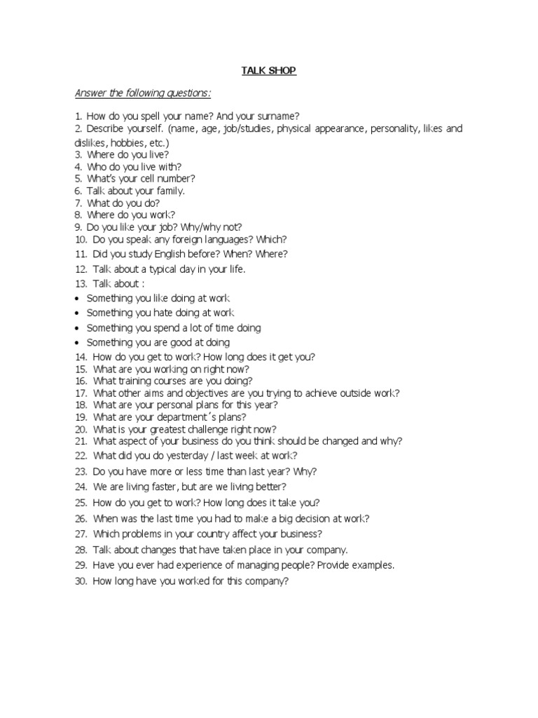 Answer The Following Questions Talk Shop PDF