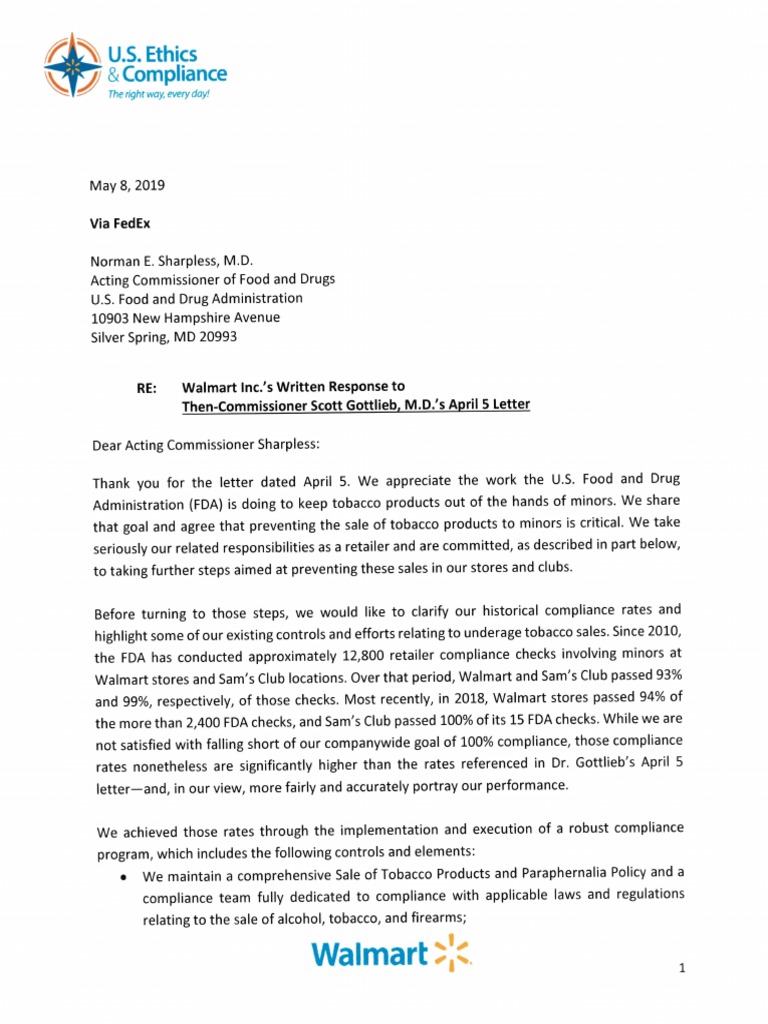 walmart tobacco policy Walmart's Written Response To FDA