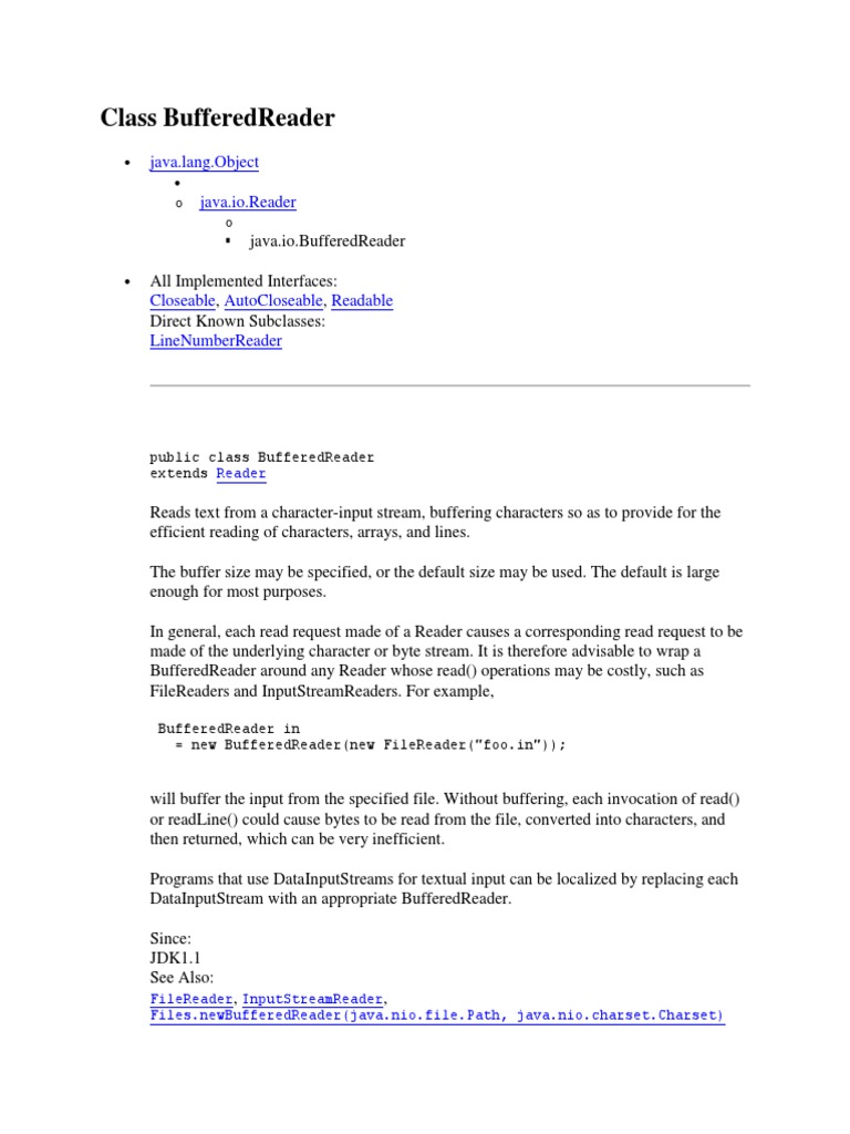 Class Bufferedreader: Java - Lang.Object Java - Io.Reader | PDF ...