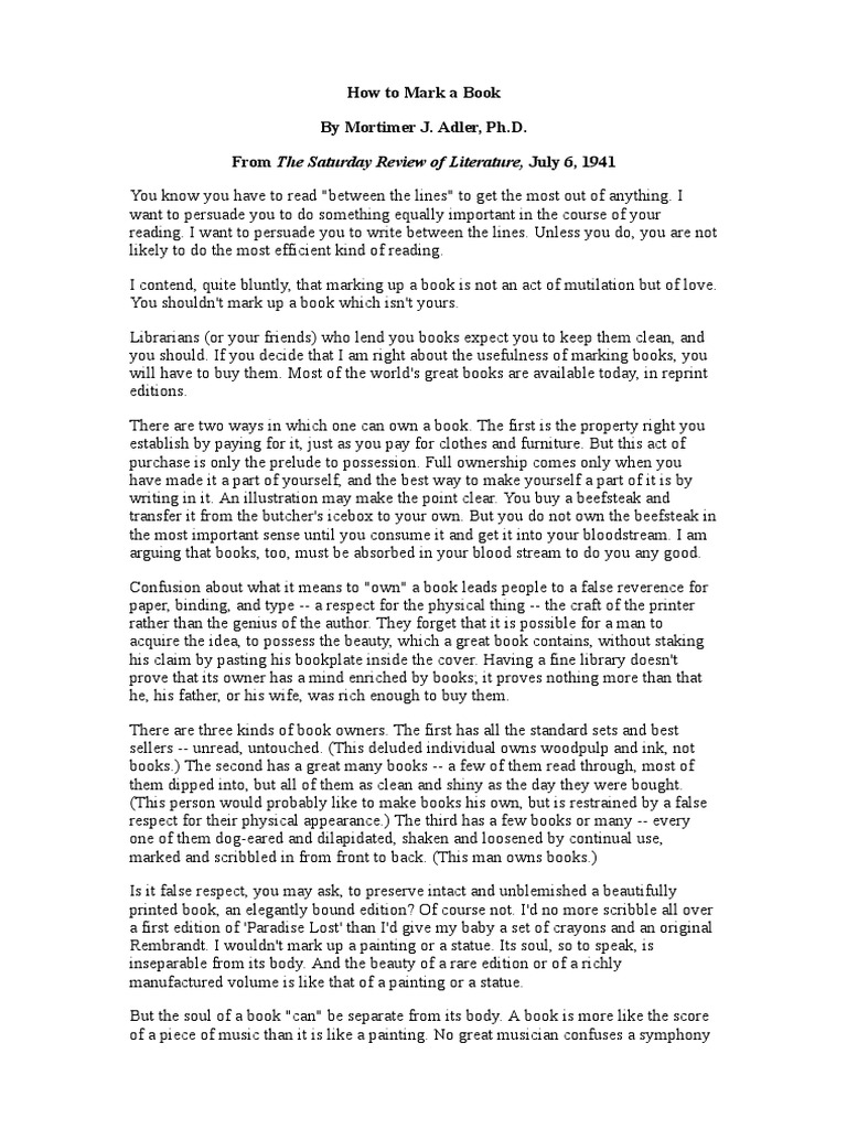 How to Mark a Book by Mortimer Adler | PDF | Books