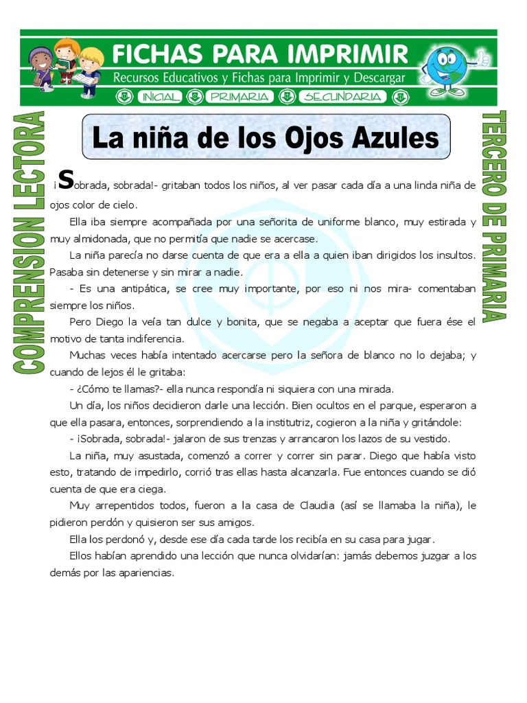 Ficha La Niña de Los Ojos Azules Para Tercero de Primaria