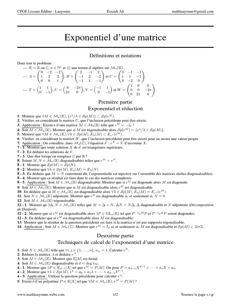 Exponentielle d'une matrice : exercices corrigés | PDF | Matrice ...