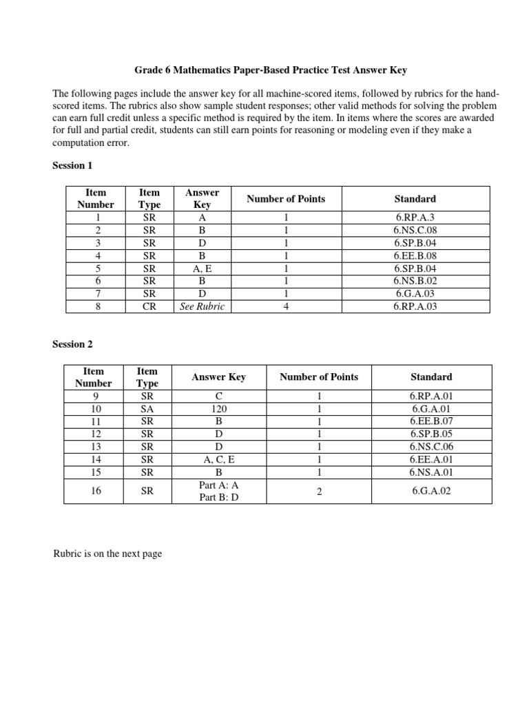 Grade 6 Mathematics PaperBased Practice Test Answer Key See Rubric