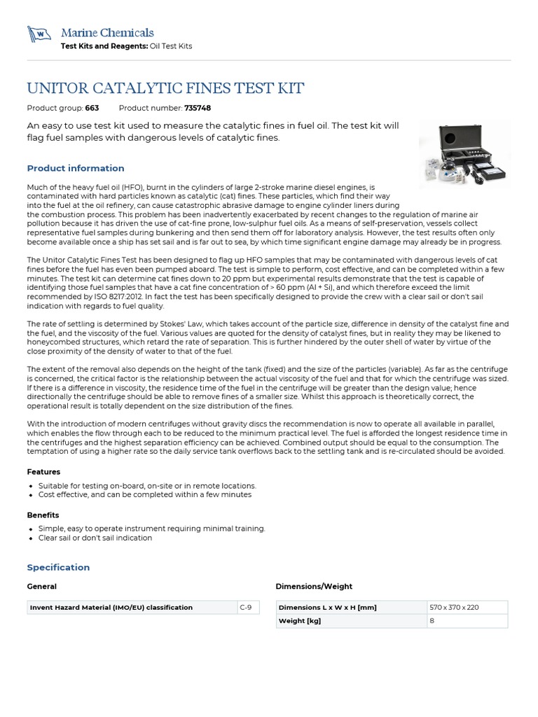 Unitor Catalytic Fines Test Kit PDF Fuel Oil Centrifuge