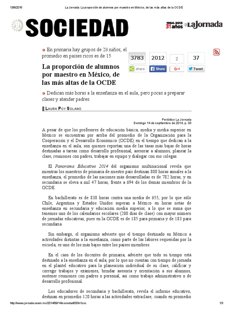 La Proporción de Alumnos Por Maestro en México, de Las Más Altas de La OCDE  | PDF | Educación Secundaria | Maestros