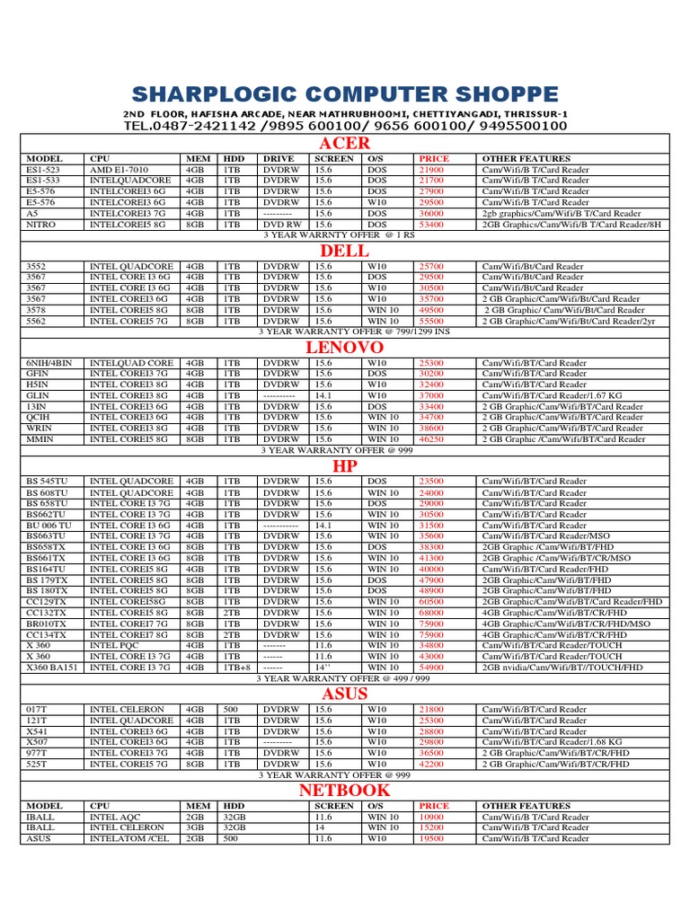 Laptop Price List and Features | PDF | Video Game Platforms ...