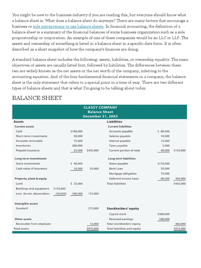 Balance Sheet: Sole Entrepreneur To Use Balance Sheets | PDF