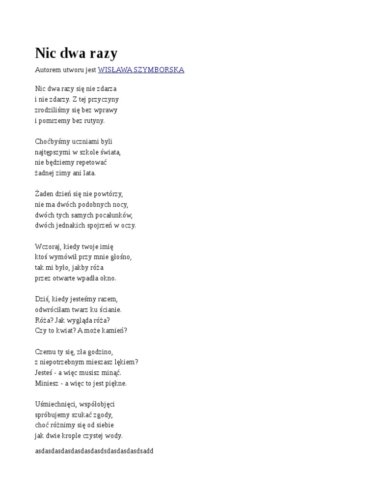 Wisława Szymborska Nic Dwa Razy Interpretacja
