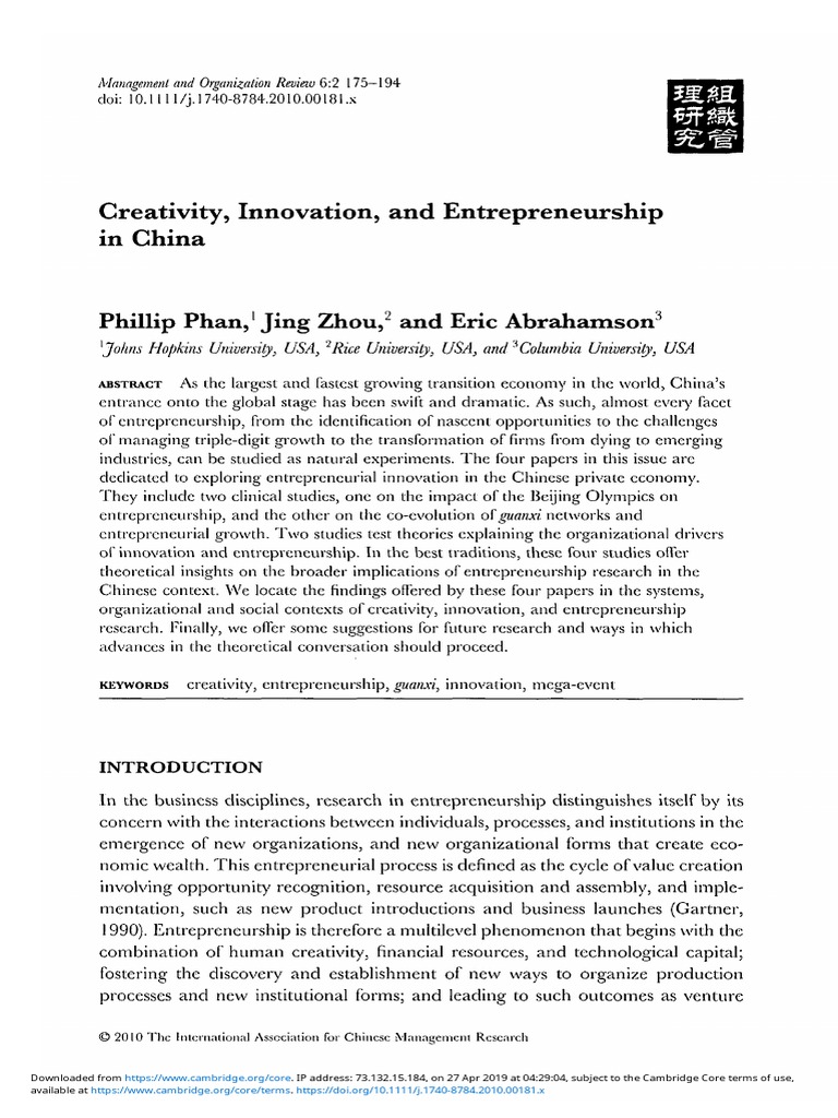Creativity Innovation and Entrepreneurship in China | PDF ...