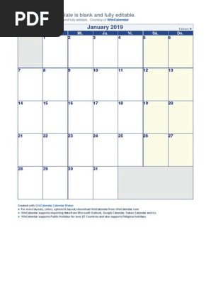 2019 Monthly Calendar