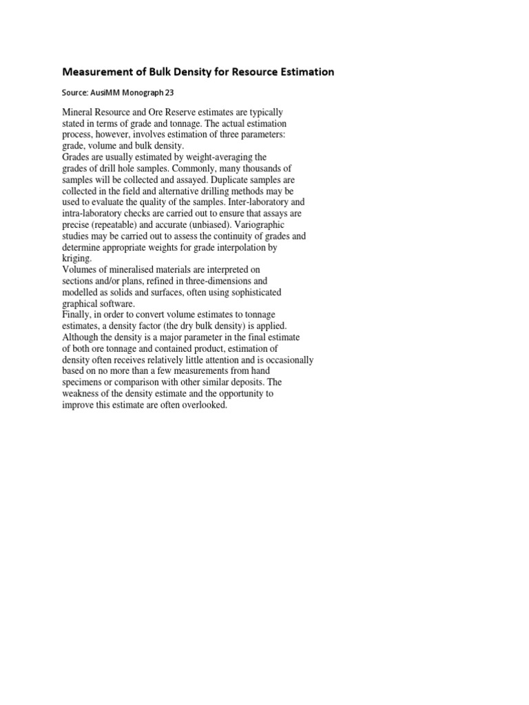 Bulk Density Measurement for Resource Estimation | PDF