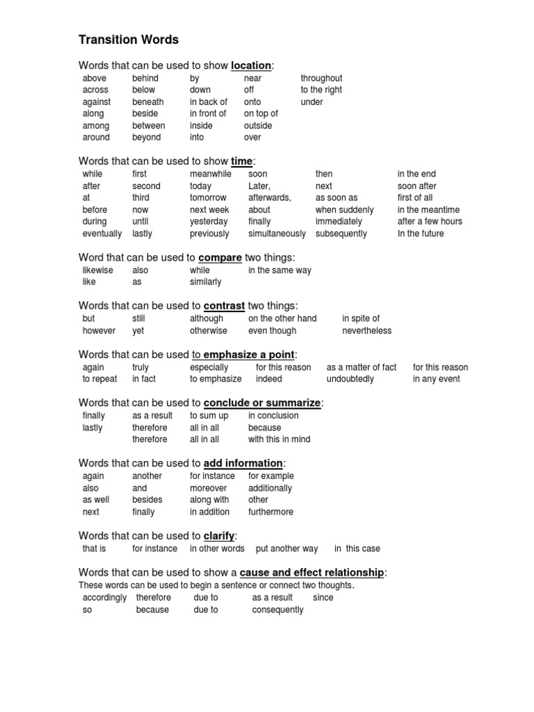Transition Words | PDF | Causality | Reason
