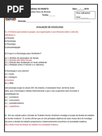 Avaliação de Sociologia 2º Ano