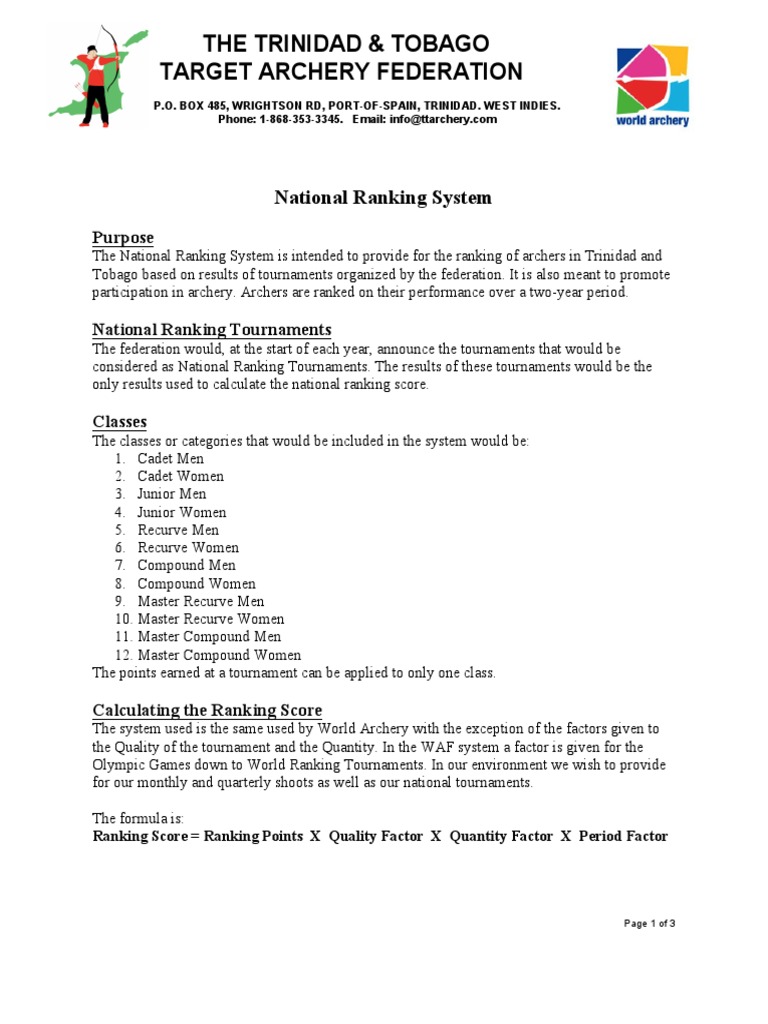 National Ranking System Calculating Archery Rankings in Trinidad and Tobago Based on Tournament