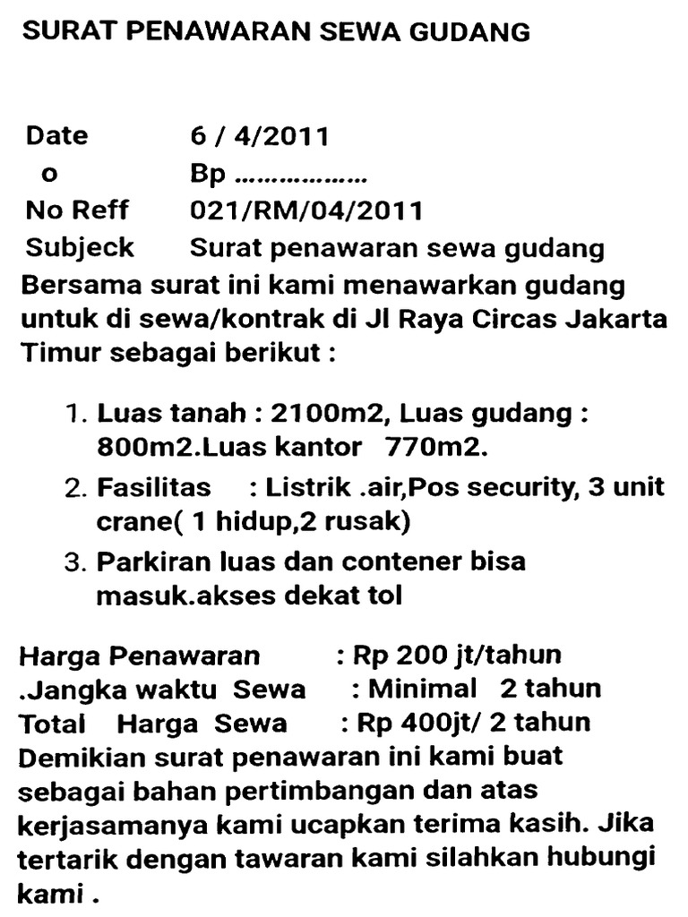 Penawaran Sewa Gudang Pdf