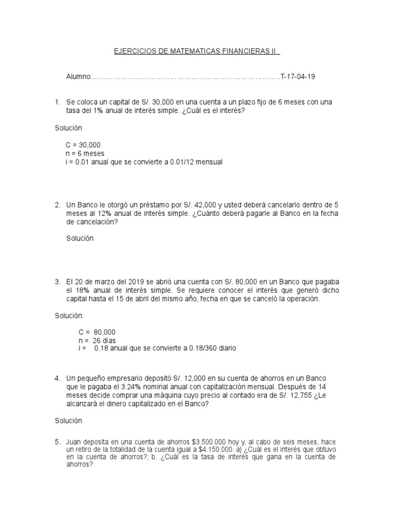 Ejercicios de Matemáticas Financieras II | PDF | Finanzas y dinero