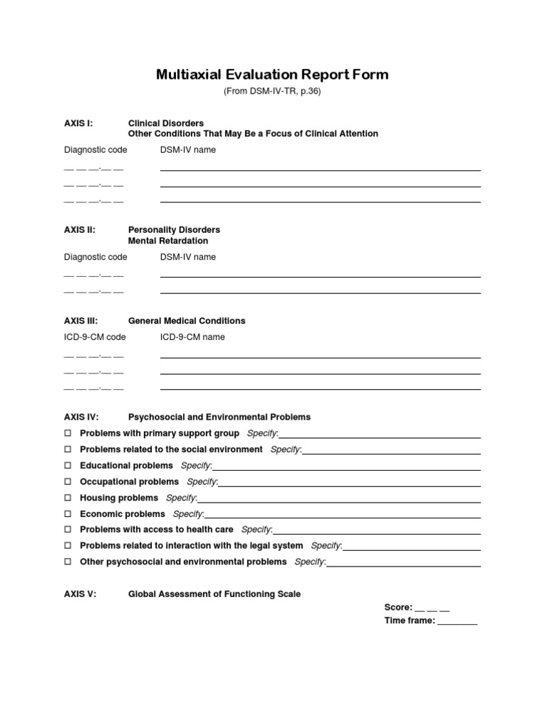 DSM-IV-TR Multiaxial Evaluation Form | PDF