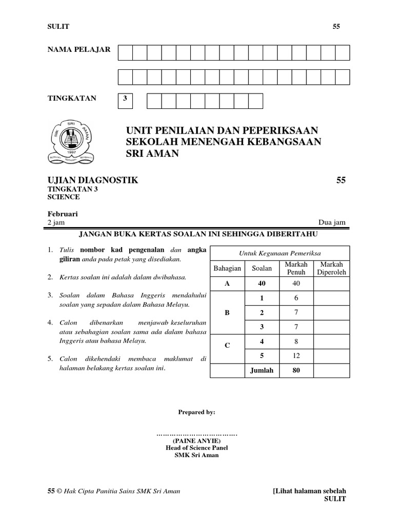 Sains Ting 3 Diagnostic Test 2013 PDF | PDF
