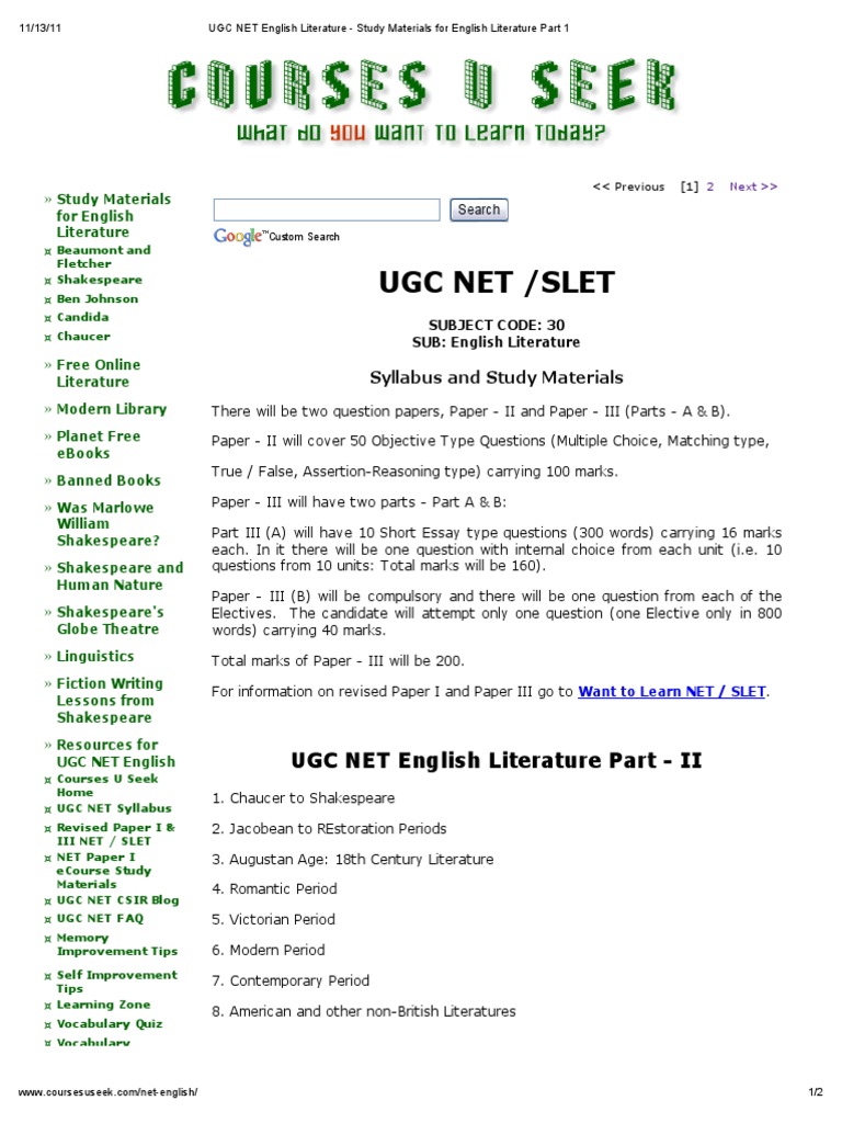UGC NET English Literature Study Materials For English Literature Part