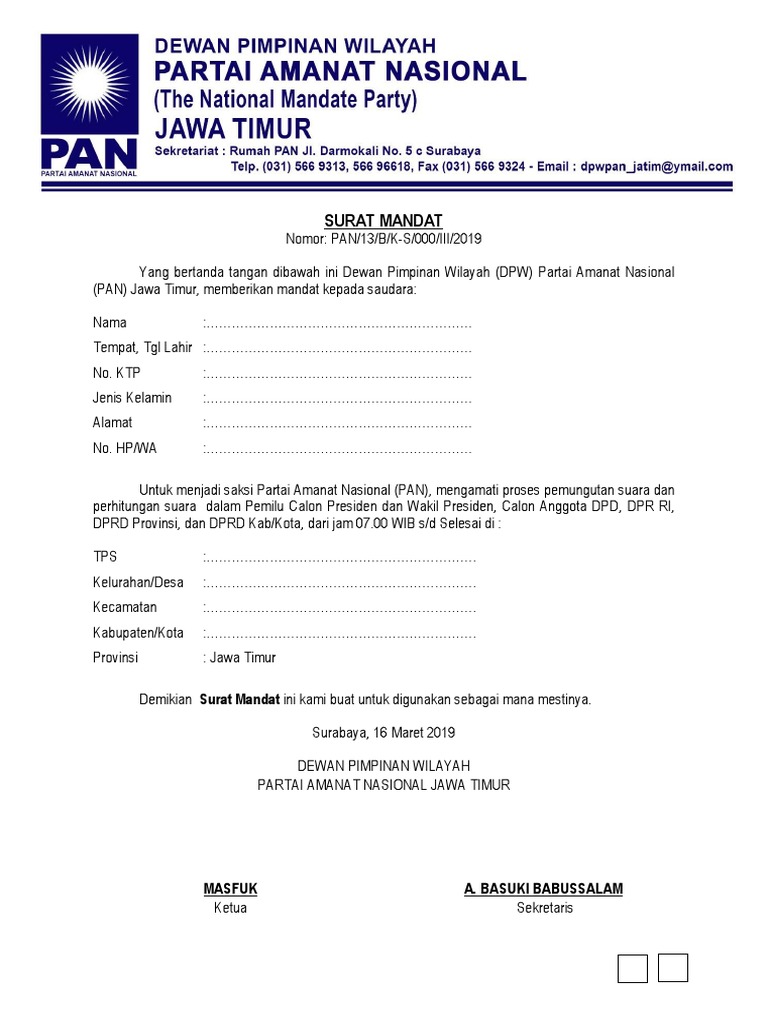 Contoh Surat Mandat Saksi