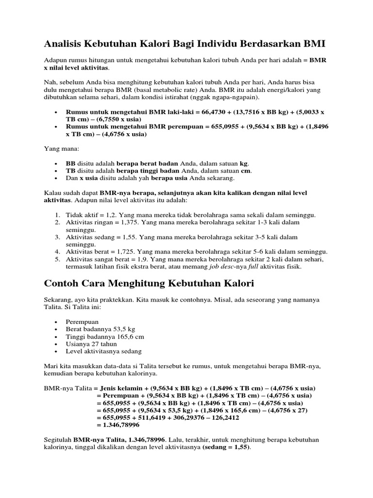 Analisis Kebutuhan Kalori Bagi Individu Berdasarkan Bmi