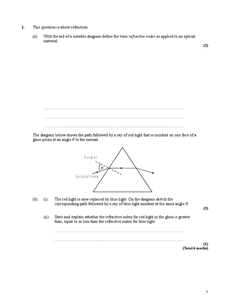 Refraction and Optical Properties Worksheet | PDF | Refraction ...