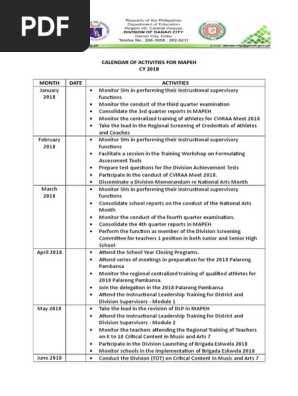 Calendar of Activities for MAPEH 2018