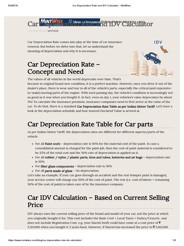 Car Depreciation Rate and IDV Calculator MintWise PDF