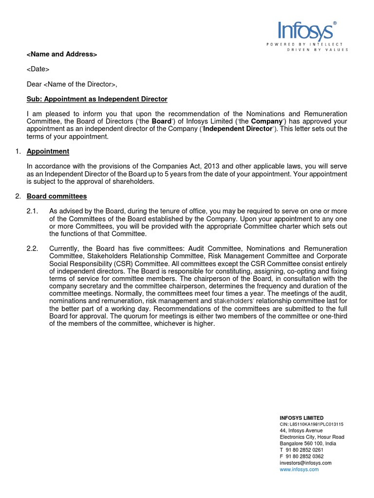 Appointment as Independent Director | PDF | Board Of Directors ...