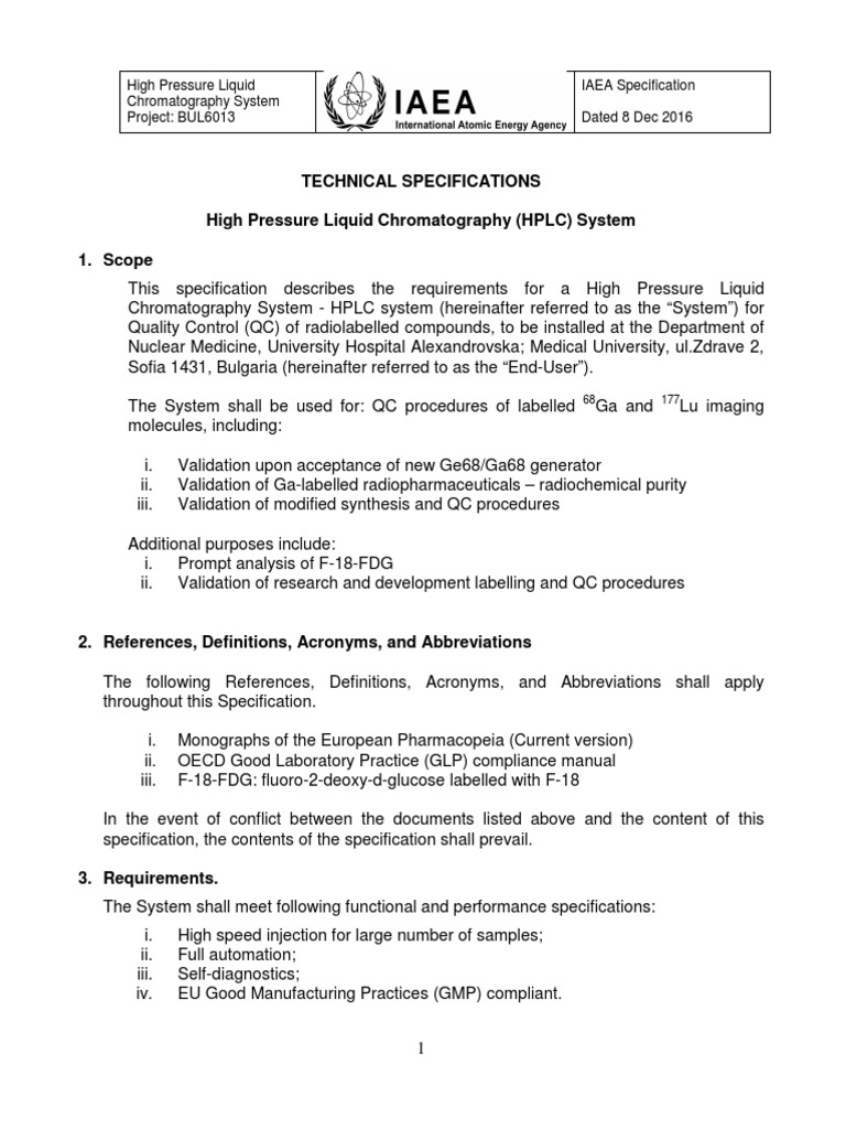 Technical Specifications High Pressure Liquid Chromatography (HPLC