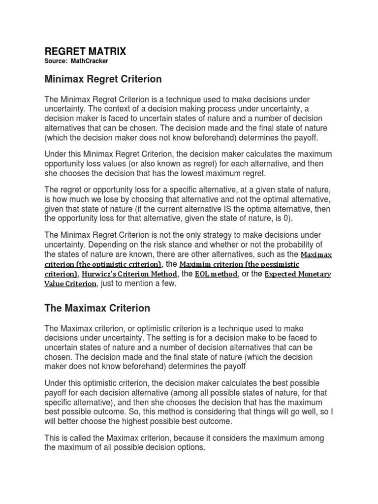 Regret Matrix - Criterion | PDF | Decision Making | Analysis