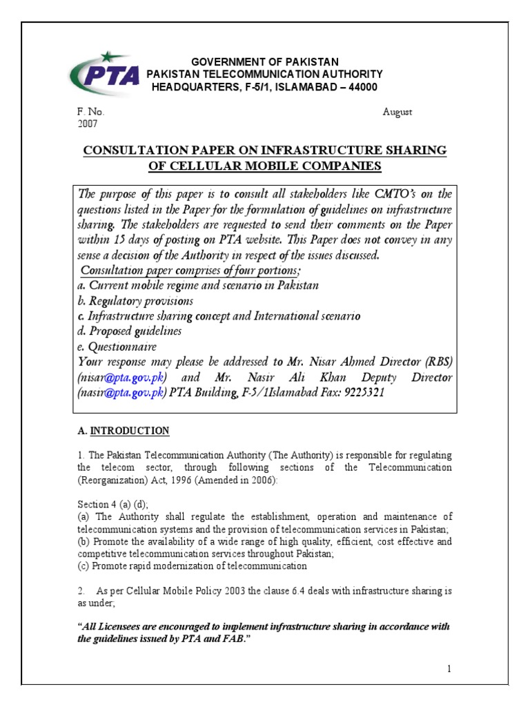 Consultation Paper On Infrastructure Sharing of Cellular Mobile ...