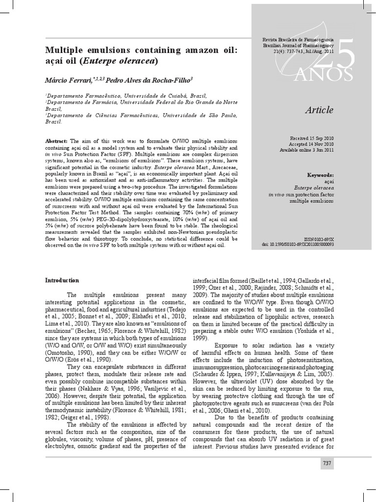 Açaí Oil in Multiple Emulsions for SPF | PDF | Emulsion | Soft Matter