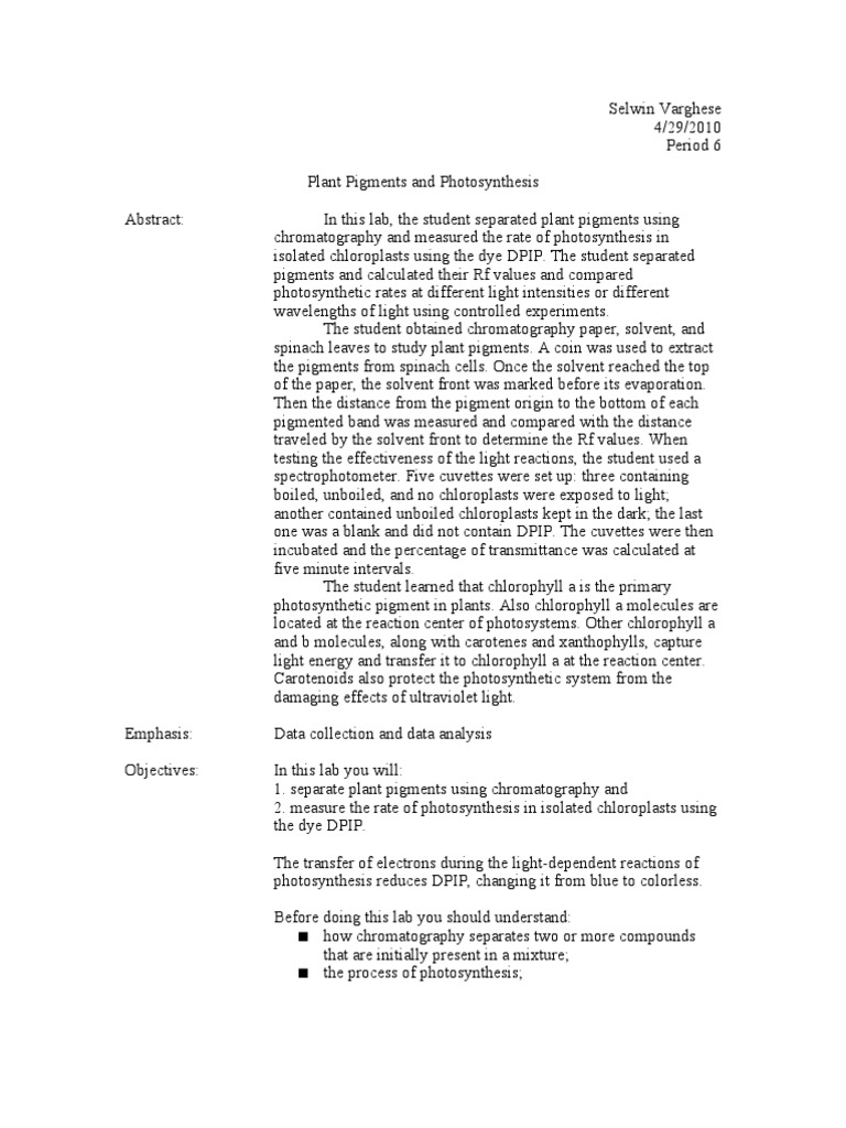 AP Lab 4: Plant Pigments & Photosynthesis | PDF | Photosynthesis ...