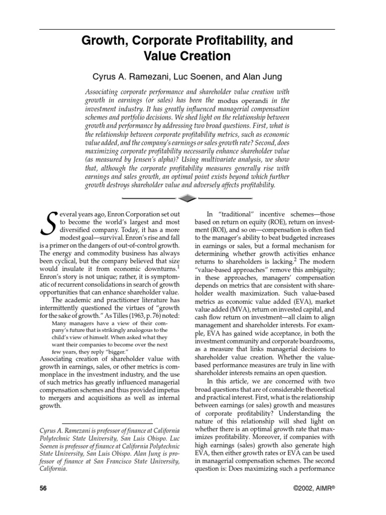 Growth, Corporate Profitability, and Value Creation: Cyrus A. Ramezani ...