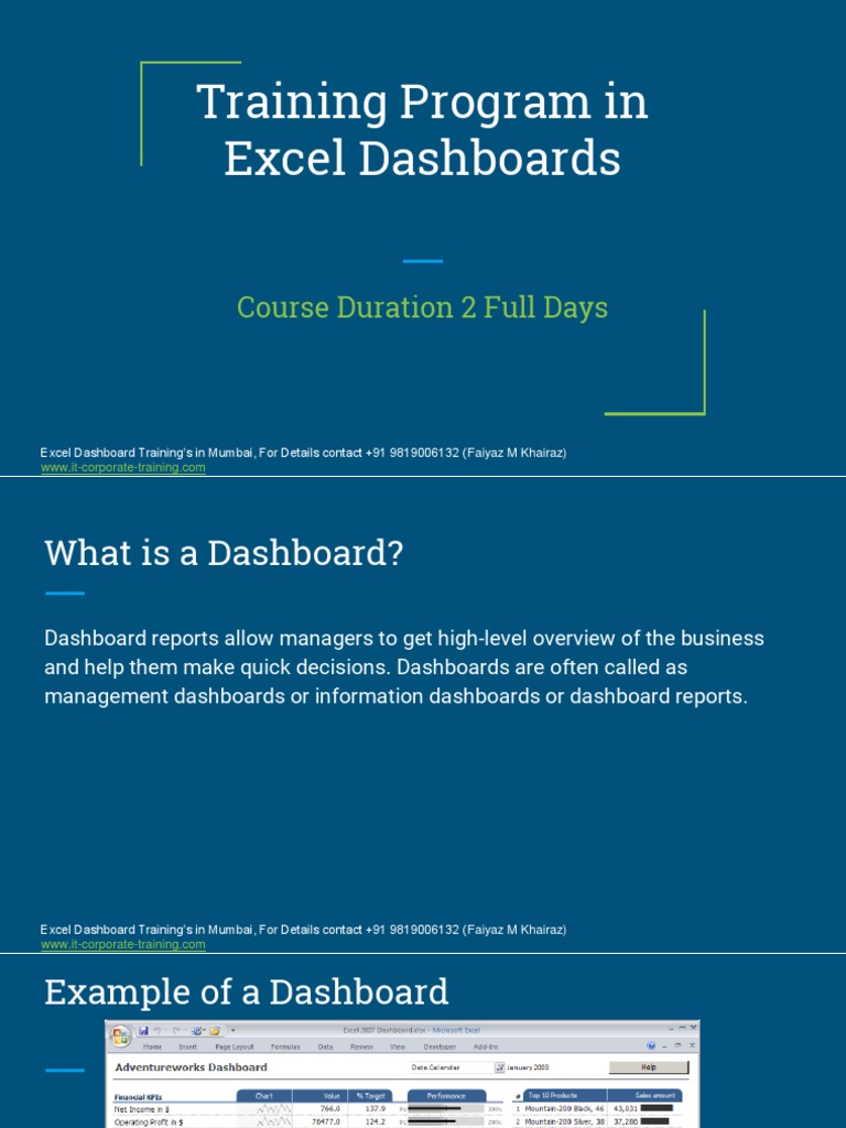 Training Program in Excel Dashboards: Course Duration 2 Full Days | PDF ...