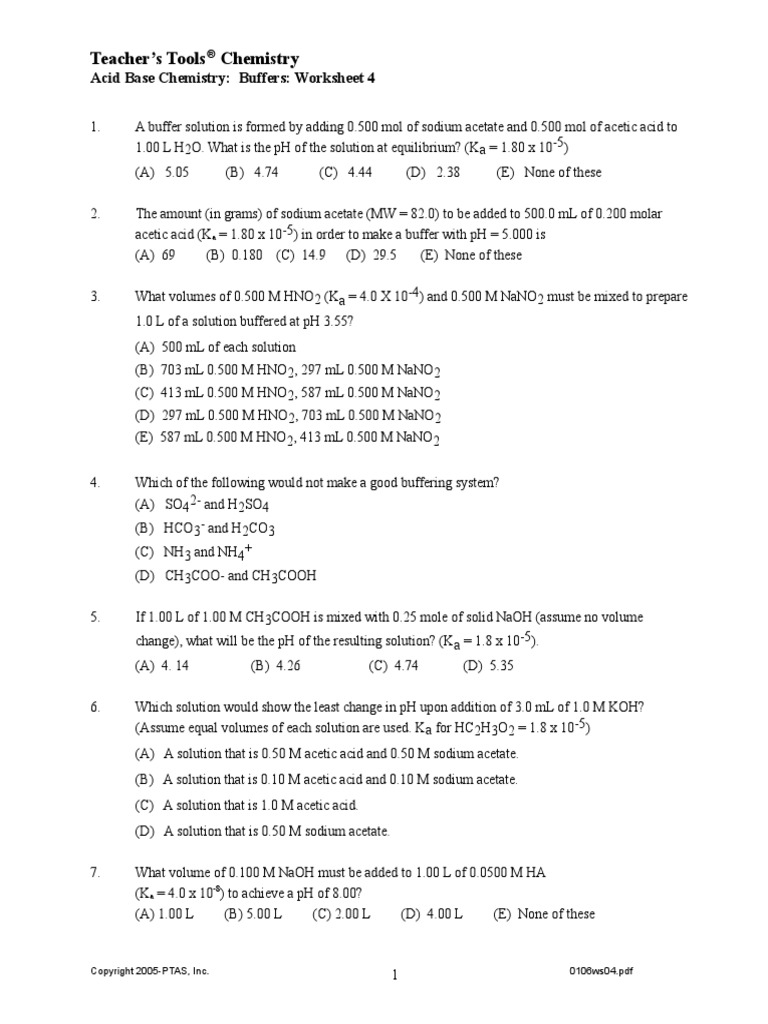 Buffers Worksheet Buffer Solution Molar Concentration