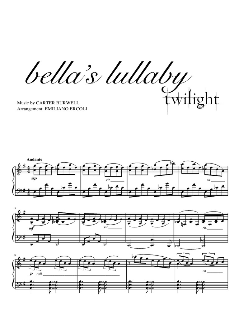 Arrangement: EMILIANO ERCOLI Music by Carter Burwell: Andante | PDF | Leisure for Bella S Lullaby Piano Sheet Music Free Printable