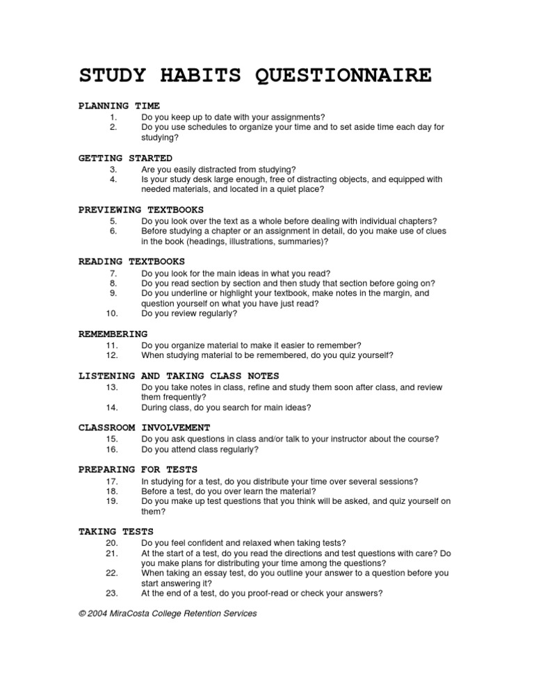 Study Habits Questionnaire for Students | PDF | Cognition | Learning