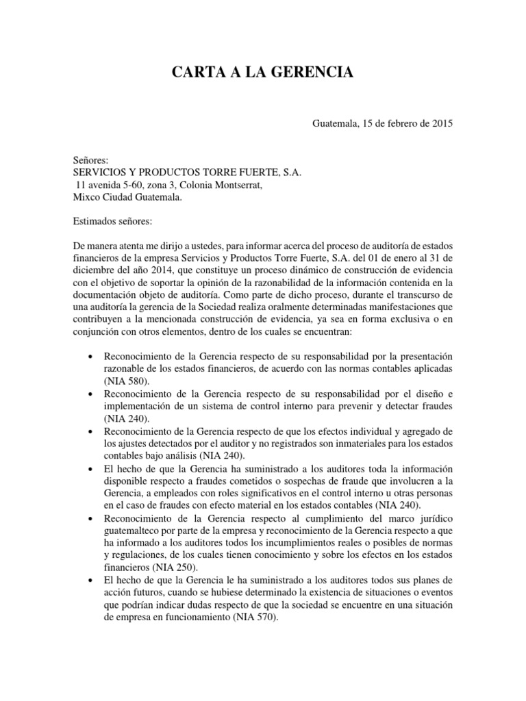 Carta a La Gerencia  Auditoría  Contralor