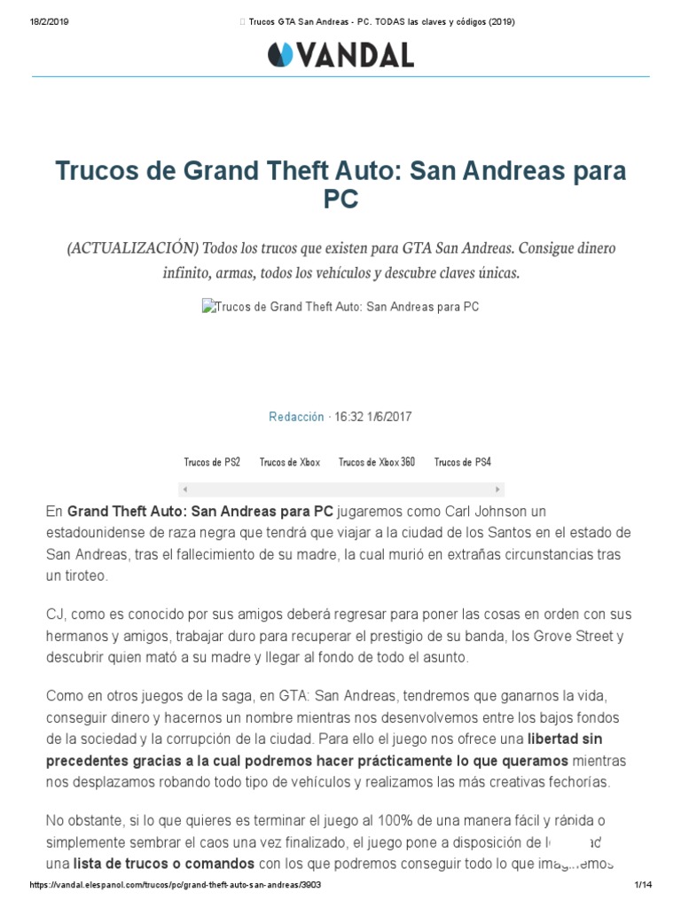 ? Trucos GTA San Andreas PC. TODAS las claves y códigos (2019).pdf