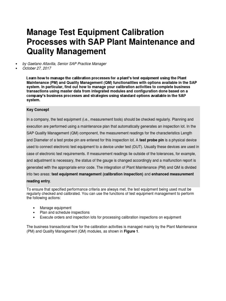 Manage Test Equipment Calibration Processes With SAP Plant Maintenance and Quality Management