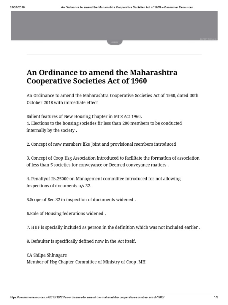 An Ordinance To Amend The Maharashtra Cooperative Societies Act of 1960 ...