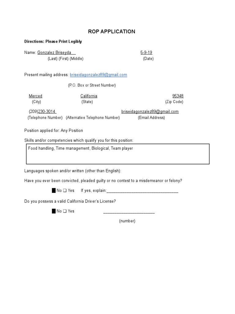 ROP Job Application for Briseyda Gonzalez | PDF
