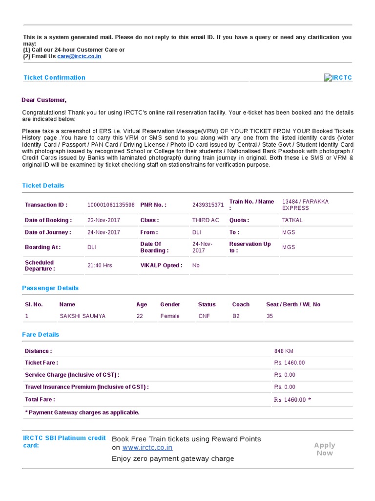 IRCTC E-Ticket Confirmation Details | PDF | Identity Document | Ticket ...