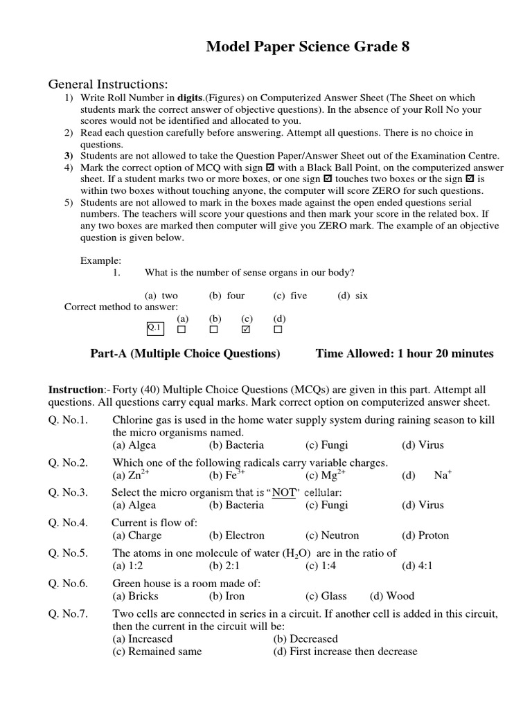 A question of science 8冊 Model Paper Science Grade 8: General Instructions | PDF