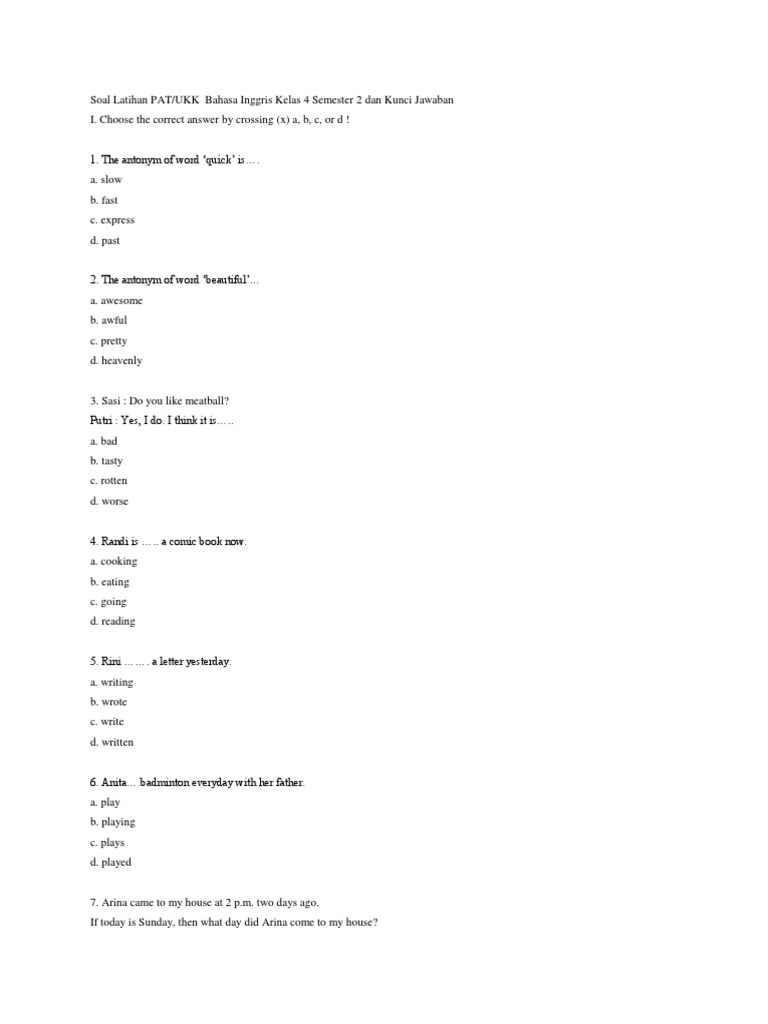 Soal PAT Bahasa Inggris Kelas 4 Semester 2 | PDF | Language Arts ...